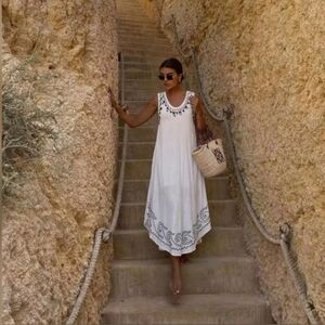 White Embroidered Sleeveless Summer Dress Swim Cover-Up OS